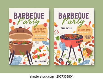 Flyer templates for summer BBQ party. Ad poster designs with barbecue grills and food. Vertical invitation cards for outdoor barbeque picnic. Flat vector illustration of advertisement fliers