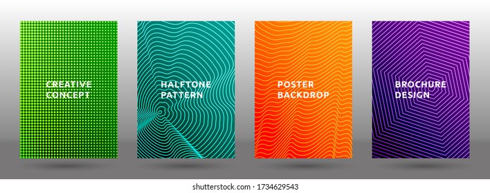 Flyer templates vector collection. Abstract halftone pattern covers. Title pages with halftone texture geometric design. Gradient business cover page layouts. Dynamic backgrounds.