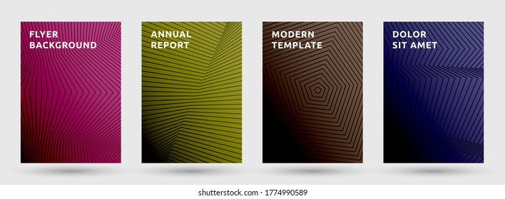 Flyer templates vector collection. Minimal halftone pattern covers. Title pages with halftone lines texture geometric design. Gradient broken lines cover page layouts. Parallel stripes geometry.