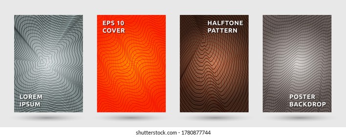 Flyer templates vector collection. Minimal halftone pattern covers. Title pages with halftone waves texture geometric design. Gradient curves cover page layouts. Dynamic patterns.