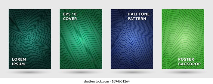 Flyer templates vector collection. Modern halftone pattern covers. Front pages with halftone waves texture geometric design. Gradient curve waves cover page layouts. Dynamic patterns.