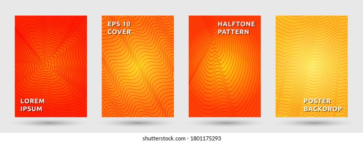 Flyer templates vector collection. Trendy halftone pattern covers. Title pages with halftone waves texture geometric design. Gradient curve waves cover page layouts. Dynamic patterns.