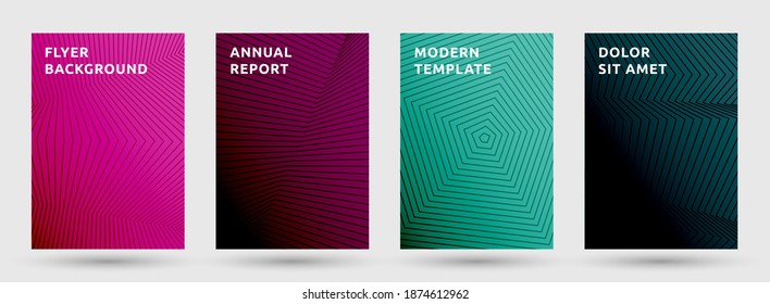 Flyer templates vector collection. Trendy halftone pattern covers. Front pages with halftone lines texture geometric design. Gradient broken lines cover page layouts. Parallel stripes geometry.