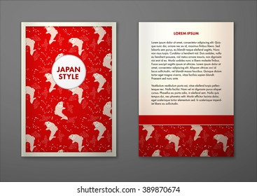 Flyer with traditional Japan fish pattern. Vector card in japanese style Layout template, size A5. Front page and back page. Easy to use and edit.
