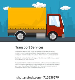Flyer Transportation and Cargo Services, Red Orange Cargo Delivery Truck on the Background of the City and Text, Shipping and Freight of Goods, Poster Brochure Design, Vector Illustration 