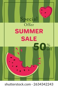 Flyer with triangular piece of watermelon on watermelon rind background. Template design for flyer, banner, poster, poster, advertisement for grocery store, marketplace, online store, website.