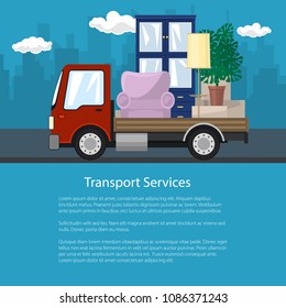 Flyer with Truck, Freight Car is Transporting Furniture on the Background of the City, Transport Services and Logistics, Shipping and Freight of Goods, Poster Brochure Design, Vector Illustration