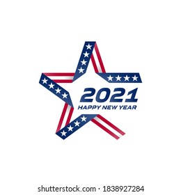 Flyer with USA flag colors and symbols. Original star for a greeting card. Happy New Year 2021.