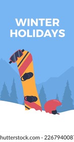 Flyer or vertical banner about winter holidays flat style, vector illustration. Silhouette of mountain landscape, snowboard, helmet and goggles, decorative design