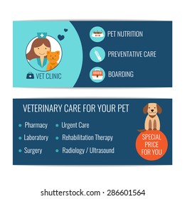 Flyer of veterinary clinic. Animal care. Vector illustration in flat style.