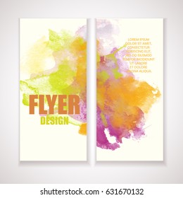 Flyer with watercolor effect. Artistic template with grunge orange, green, and purple blob. 