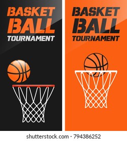 Flyer or web banner design with basketball hoop and ball icon. Vector illustration