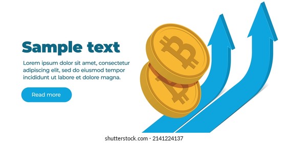 flyer web banner template 2 gold volume coins of virtual digital crypto currency bitcoin on white background and two up arrow with text and button. Upward movement. Vector illustration