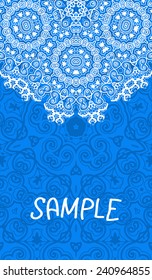 Flyer, wedding or invitation card. Vertical banner. Tribal design in blue color. Asian indian motif liginoru.