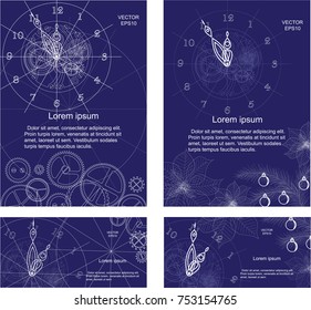 flyer, white contour of the clock with a mechanism and details on a blue background. for advertising, invitations, postcards. vector EPS10