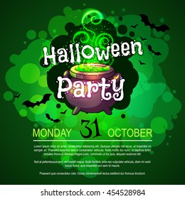 Flyer with witch's cauldron for Halloween party. Vector template invitation in dark green tones.