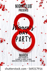 Flyer for Women's Day party. Top view on red paper eight, confetti and serpentine. Vector illustration with wooden texture. Invitation to nightclub.