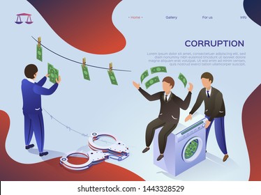 Flyer is Written Corruption, Money Laundering. Flat Man Sits on Washing Machine, in Which Money is Washed. An Official in Suit Hangs Bills to Dry. Personal Gain Vector Illustration.