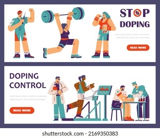 Flyers about doping control with athletes undergoing medical control tests for admission to competitions, flat vector illustration. Sport doping banners or posters.