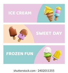 Flyers or banners with ice cream 3D icons, cartoon realistic vector illustration. Ice cream dairy summer dessert advertising banner templates collection.