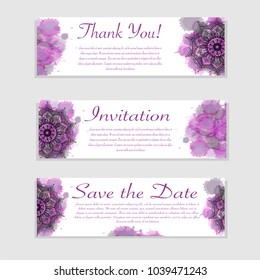 Flyers, banners template set with mandala ornament. Vector invitation, thank you, save the date card design with violet watercolor splashes. Ottoman, arabic, oriental, turkish, indian, pakistan motif.