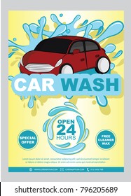 Flyers of car wash with free wax cleaner and open 24 hours service. Vector illustration