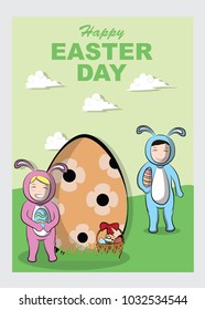 Flyers design of Easter day with two little girl wearing bunny ears holding colored eggs. Vector design