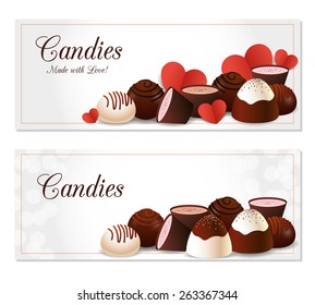 Flyers design set with assorted chocolate candies and red paper hearts on bokeh background. Vector
