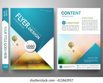 Vector de plantilla de diseño de volantes. Afiche del informe anual de la revista Brochure. Presentación del libro de portada con fondo de globo y cielo. Diseño en tamaño A4 con polígonos azules abstractos. ilustración.