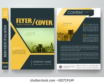 Flyers design template vector. Brochure report business magazine poster. Cover book minimal portfolio presentation. Abstract yellow shape and city concept in A4 layout.