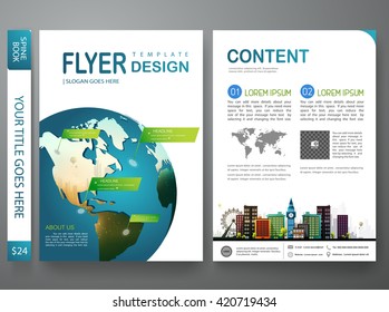 Flyers design template vector. Brochure annual report business magazine poster. Leaflet cover book presentation with planet and flat city background. Layout in A4 size.