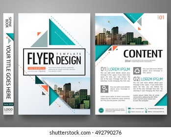 Flyers design template vector. Brochure report business magazine poster. Abstract green cover book portfolio presentation in flat orange triangle. City concept in A4 layout.