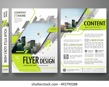 Flyers design template vector. Brochure report business magazine. Abstract green cover book minimal portfolio presentation.Flat square triangles on poster. City concept in A4 layout.