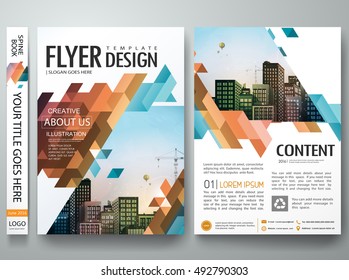 Flyers design template vector. Brochure report business magazine poster. Abstract blue cover book portfolio presentation and flat orange triangle. City concept in A4 layout.