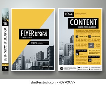 Flyers design template vector. Business brochure report magazine poster resume. Cover book minimal portfolio presentation. Abstract black and yellow shape on a4 layout. 