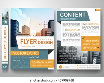 Flyers design template vector. City concept on a4 layout.Cover book portfolio presentation. Green orange shape on poster. Minimal brochure report business magazine.