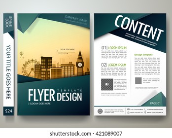 Flyers design template vector. Modern brochure report business magazine. Cover book portfolio presentation and abstract green shape on poster. City concept in A4 layout.