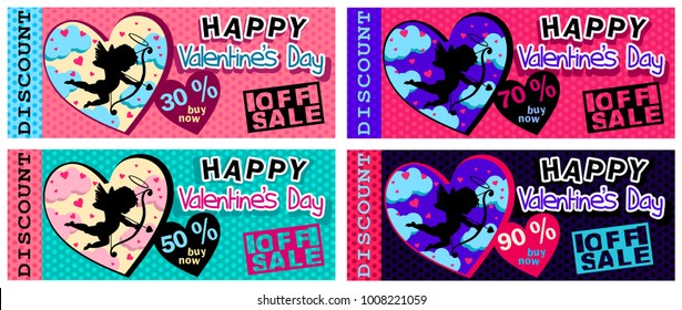 FLYERS FOR A DISCOUNT TO THE SALE OF VALENTINE'S DAY IN FOUR COLOR VARIATIONS WITH CLOUDS, CUPID