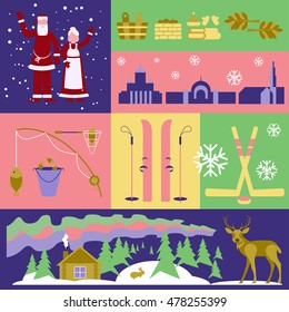 Flyers Explore the world. Scandinavia. Conceptual illustration with Finland elements and emblems  made in flat design style Travel to Europe banner template. Vector eps10