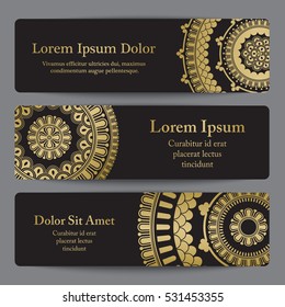 Flyers with gold ornament mandala, based on ancient greek and islamic ornaments. For wedding invitation, book cover or flyer