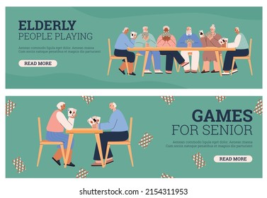 Flyers or horizontal banners with elderly people playing cards, flat vector illustration. Card game and joint leisure for pensioners, club for the elderly.
