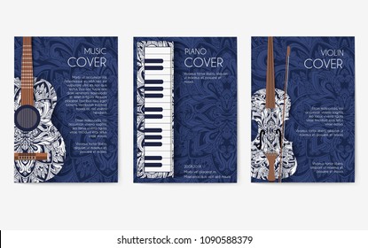 Flyers for a musical concert. Brochures for ads with musical instruments. Pages for printing in rhythm style music. Vector decorative ethnic greeting card or invitation design.