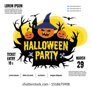 Flyers for a night party in the style of Helloween. Vector pumpkin face on modern colourful background banner, brochure, poster Vector illustration