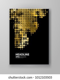 Flyers with patterns in gold and black halftone texture. Polka dots and halftones. For invitation, post card or banner. Vector illustration.
