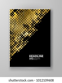 Flyers with patterns in gold and black halftone texture. Polka dots and halftones. For invitation, post card or banner. Vector illustration.