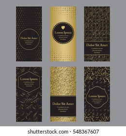Flyers with patterns in gold and black - halftone made from letters. For invitation, post card or banner.