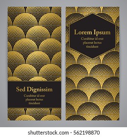 Flyers with patterns in gold and black - scales and halftone. For invitation, post card or banner.