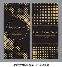 Flyers with patterns in gold and black - squares and stripes. For invitation, post card or banner.