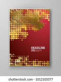 Flyers with patterns in gold and red halftone texture. Polka dots and halftones. For invitation, post card or banner. Vector illustration.