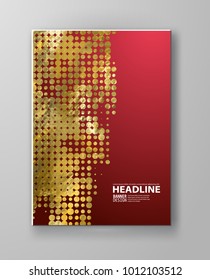Flyers with patterns in gold and red halftone texture. Polka dots and halftones. For invitation, post card or banner. Vector illustration.